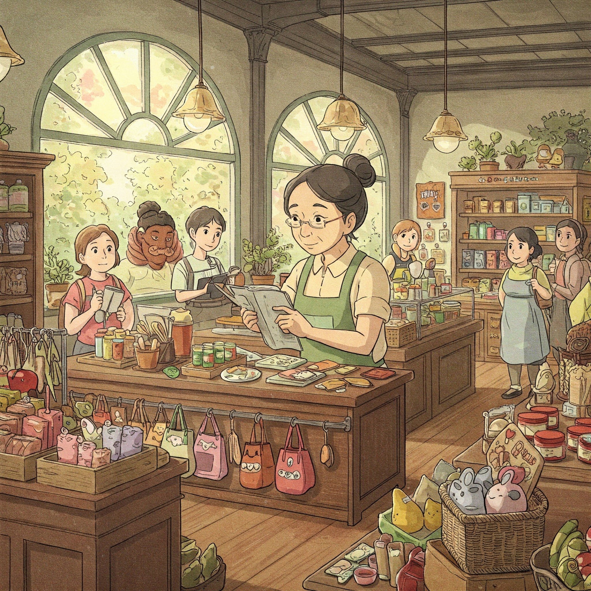 Concept: Business owner calmly focused on their work, with marketing growth symbolized in background.